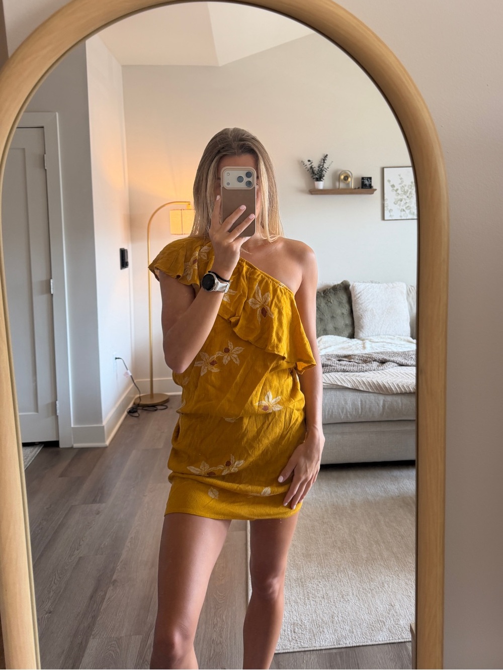 Mossimo Supply Co. Mustard Yellow One-Shoulder Floral Mini Dress